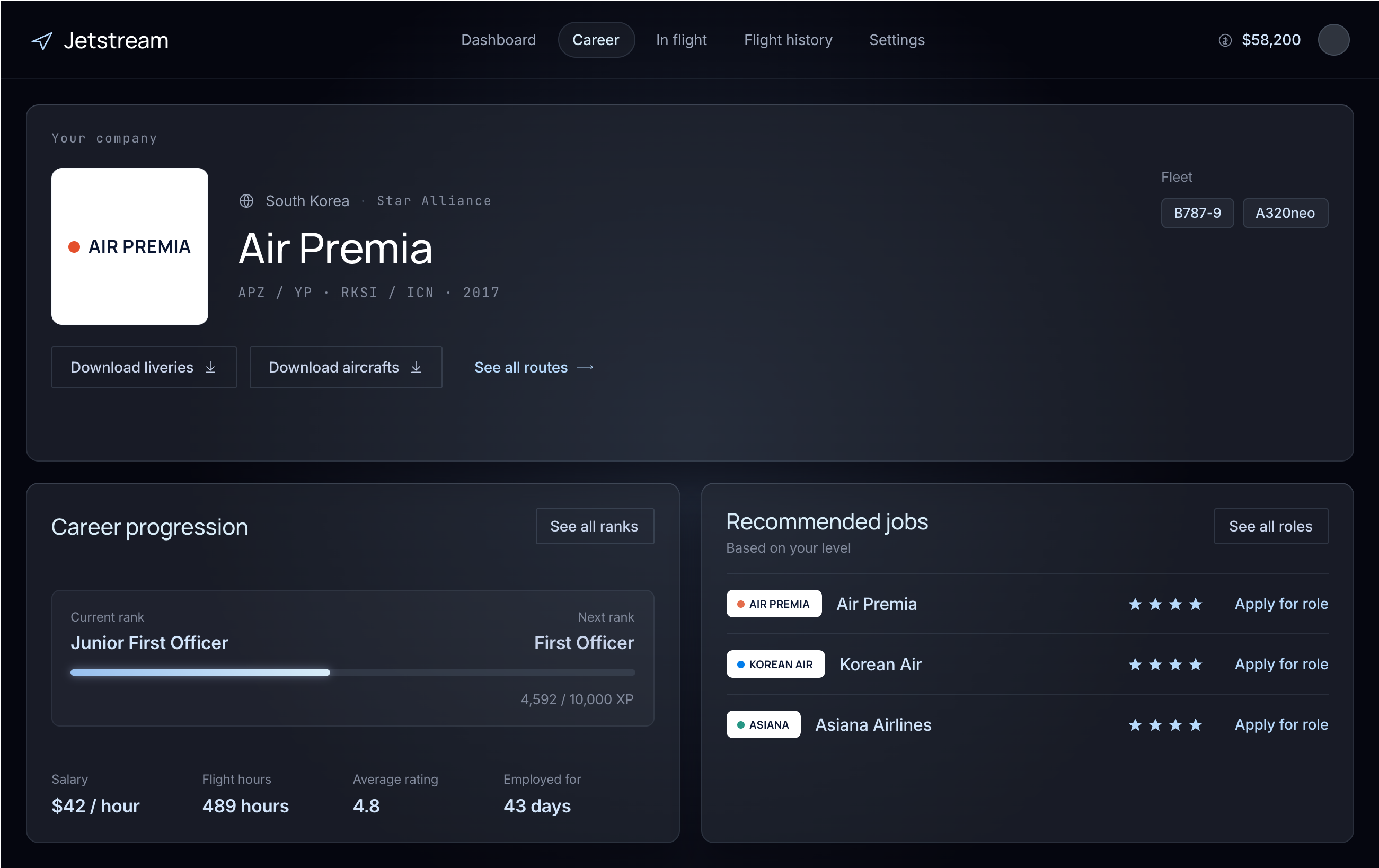 Jetstream career screen: your company Air Premia, career progression from Junior First Officer to First Officer, and recommended jobs at Air Premia, Korean Air and Asiana Airlines.