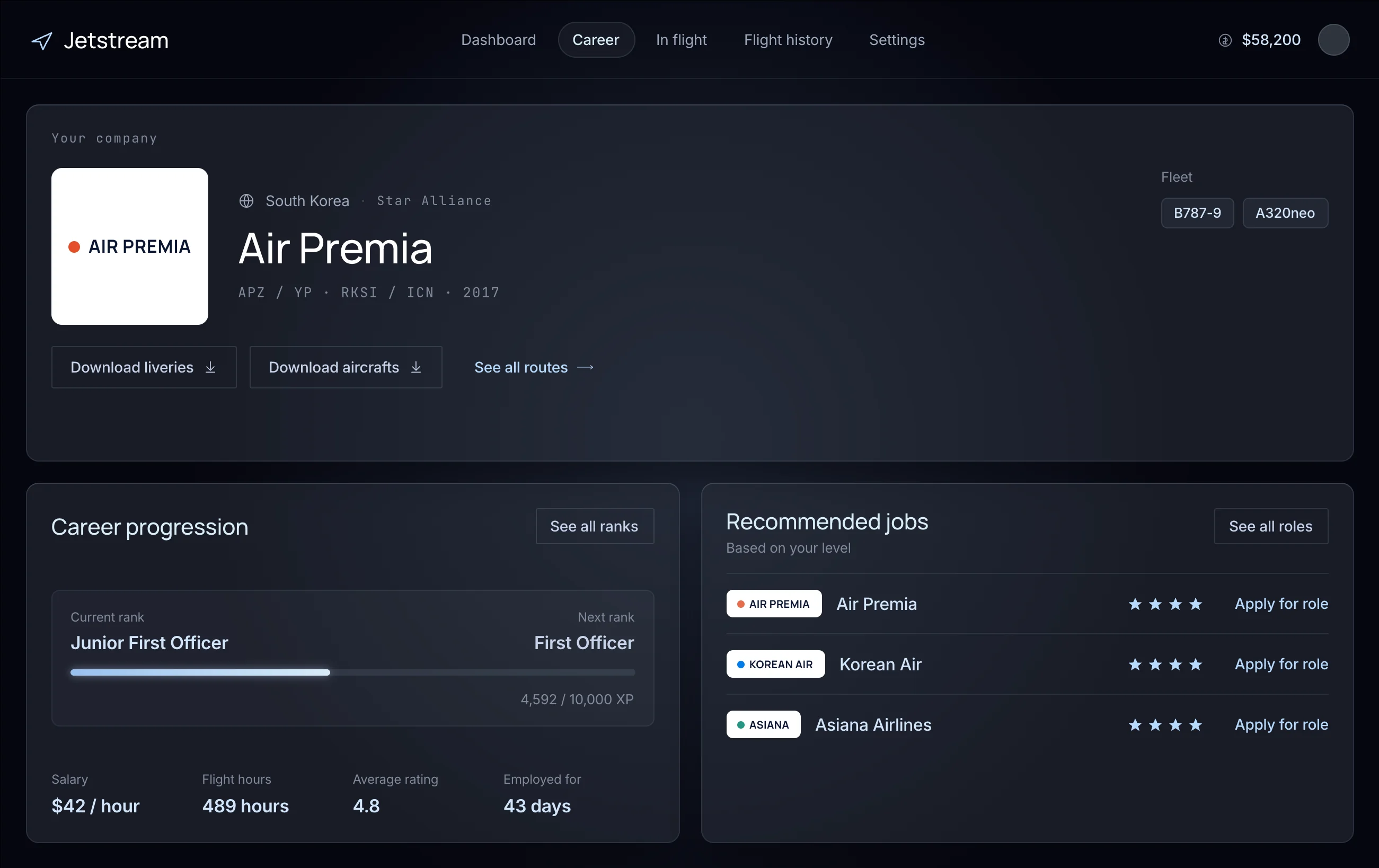 Jetstream career screen: your company Air Premia, career progression from Junior First Officer to First Officer, and recommended jobs at Air Premia, Korean Air and Asiana Airlines.