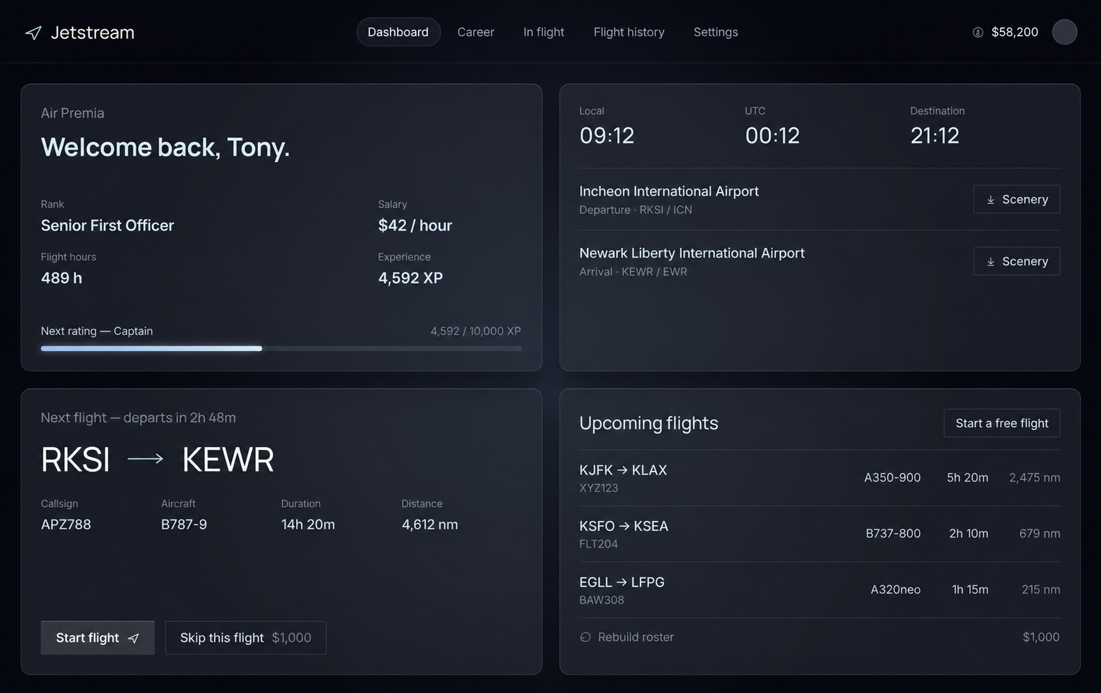 Jetstream dashboard: rank Senior First Officer, salary, flight hours, XP progress toward Captain, and the next flight from Seoul (RKSI) to Newark (KEWR) with upcoming flights.