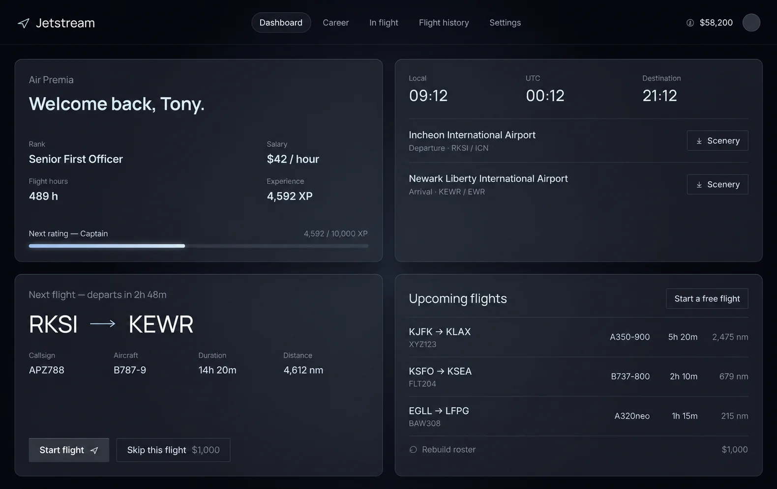 Jetstream dashboard: rank Senior First Officer, salary, flight hours, XP progress toward Captain, and the next flight from Seoul (RKSI) to Newark (KEWR) with upcoming flights.