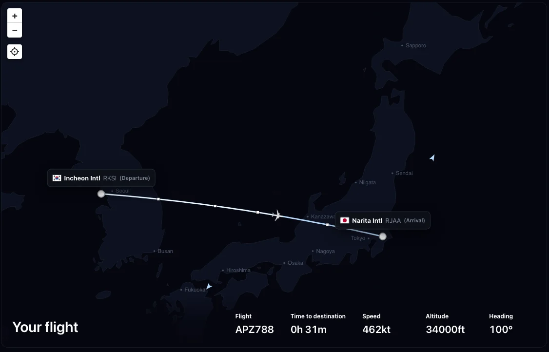 Jetstream live map showing a flight from Incheon to Narita with speed, altitude, heading, and time to destination